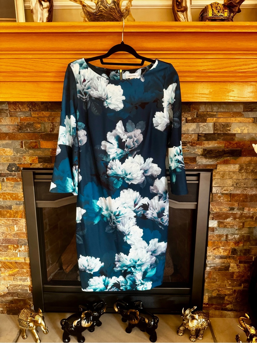 Calvin Klein Teal Floral Long Sleeve Sheath Dress